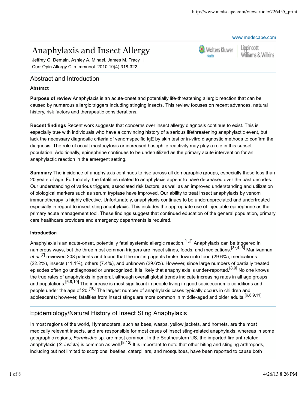 Anaphylaxis and Insect Allergy Jeffrey G