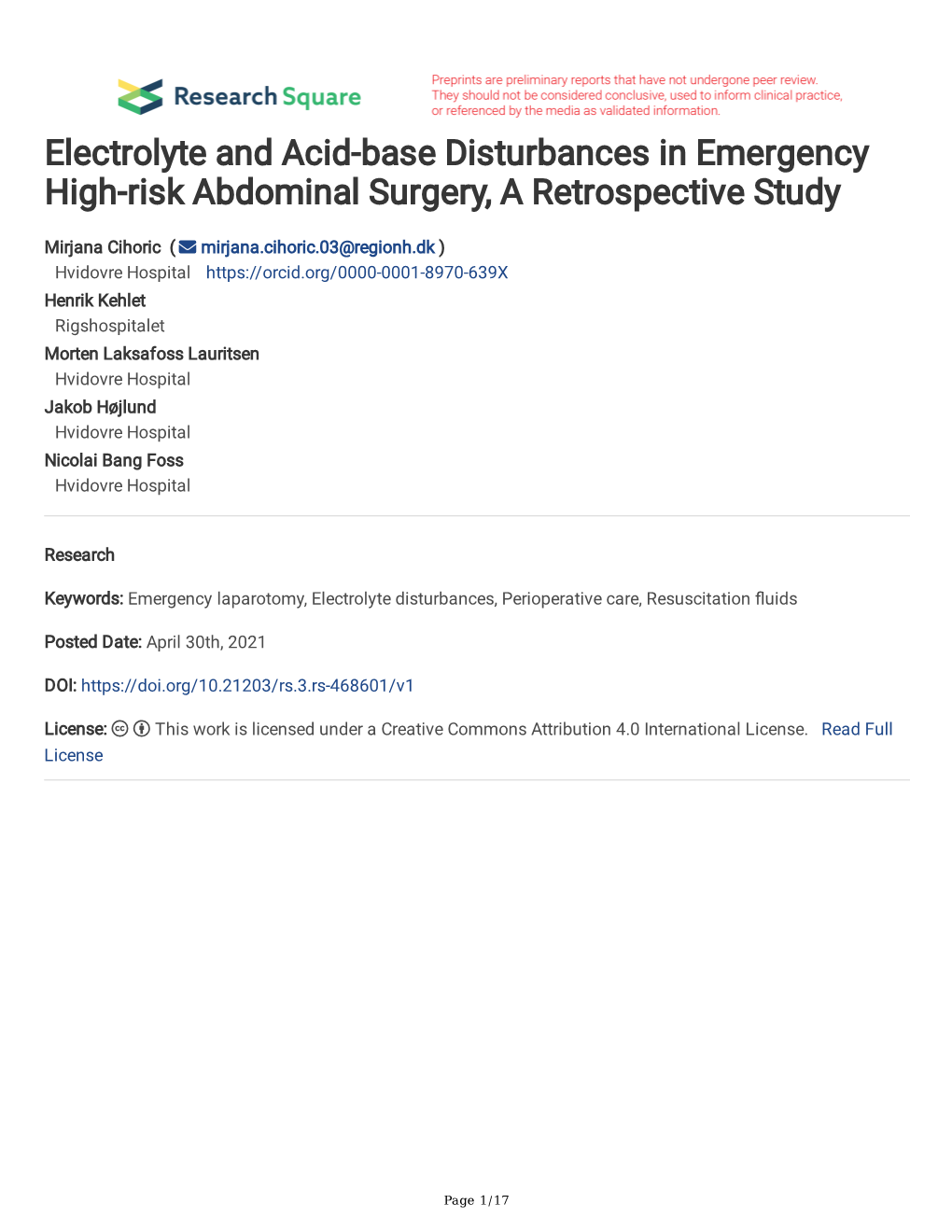 Electrolyte and Acid-Base Disturbances in Emergency High-Risk Abdominal Surgery, a Retrospective Study