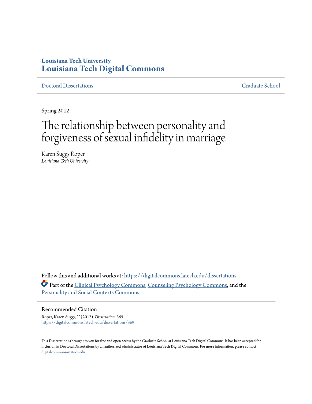 The Relationship Between Personality and Forgiveness of Sexual Infidelity in Marriage