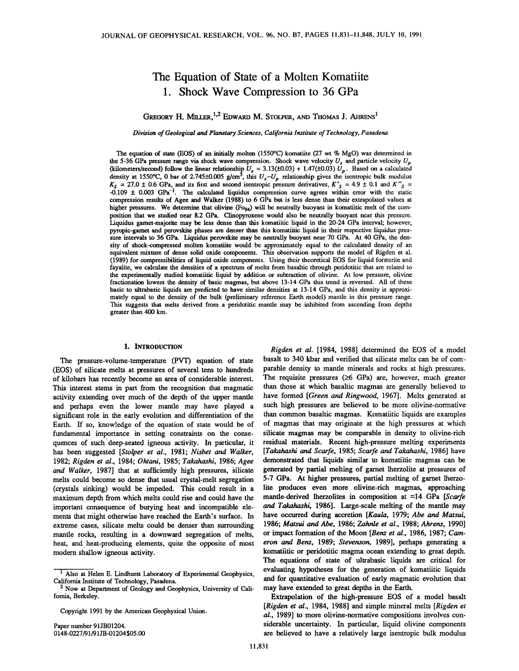 The Equation of State of a Molten Komatiite 1 Shock Wave