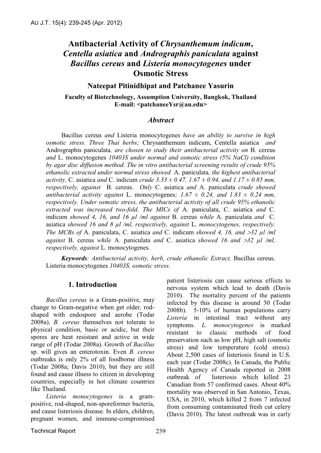 Antibacterial Activity of Chrysanthemum Indicum, Centella