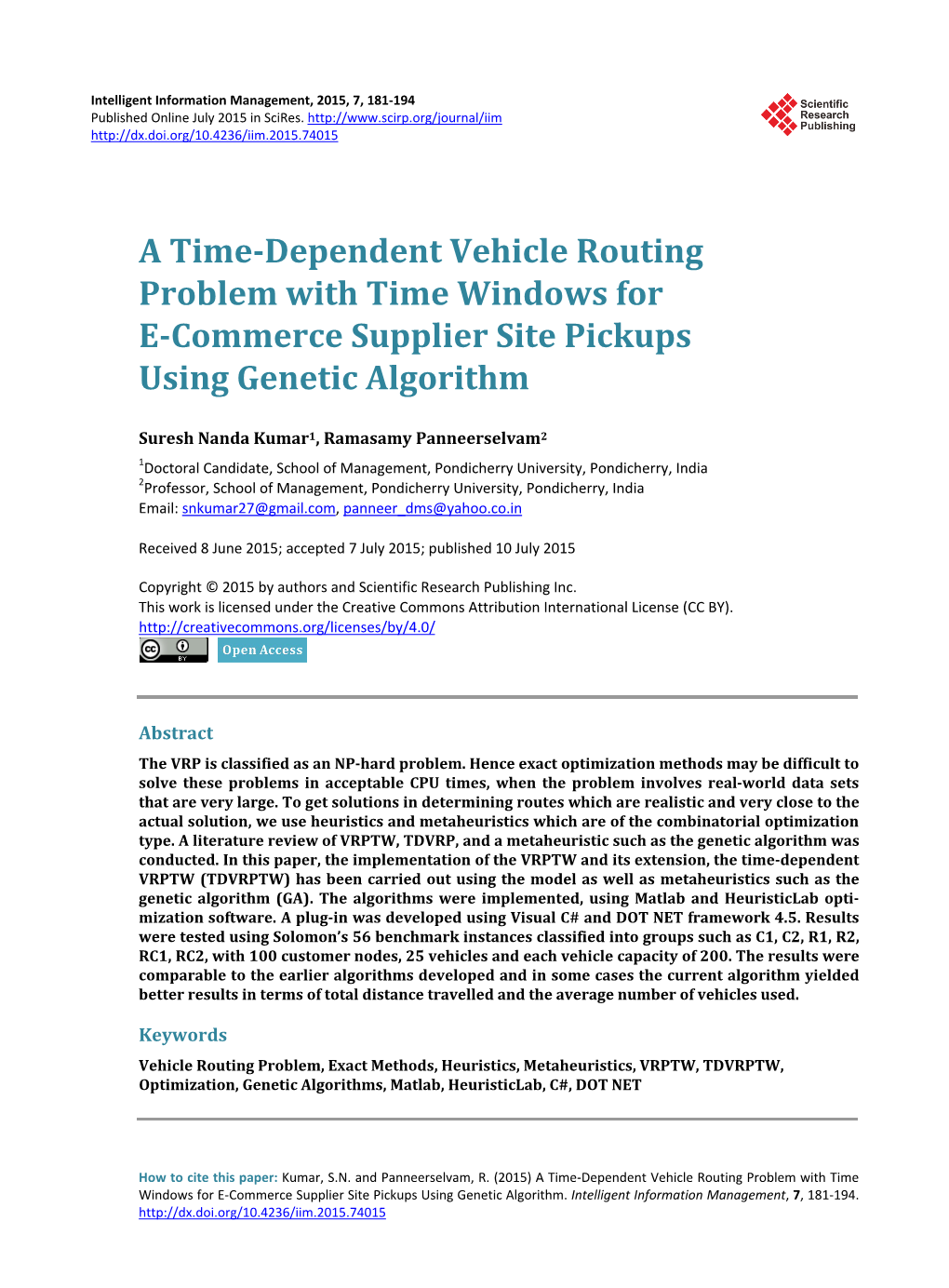 A Time-Dependent Vehicle Routing Problem with Time Windows for E-Commerce Supplier Site Pickups Using Genetic Algorithm