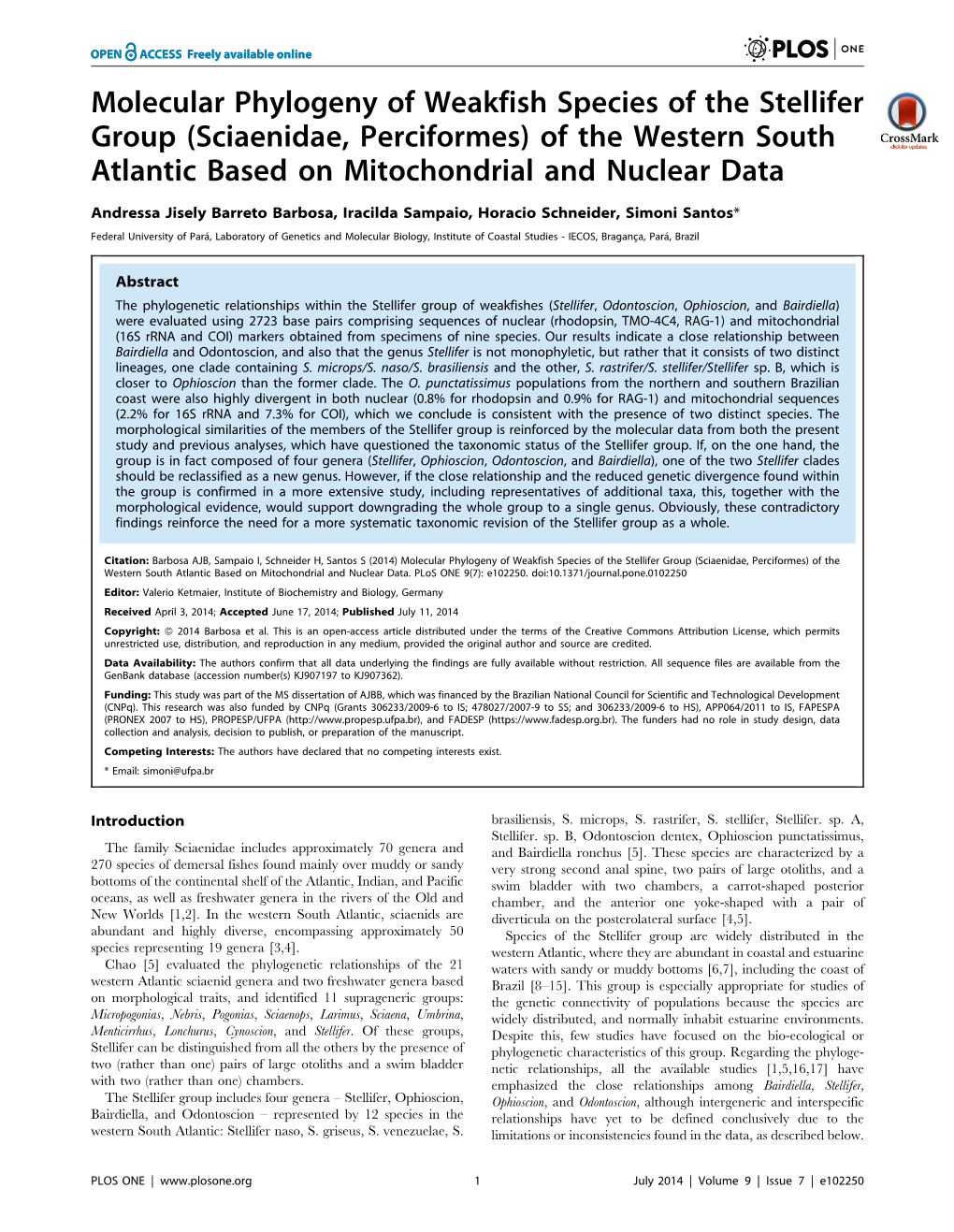 Molecular Phylogeny of Weakfish Species of the Stellifer Group (Sciaenidae, Perciformes) of the Western South Atlantic Based on Mitochondrial and Nuclear Data