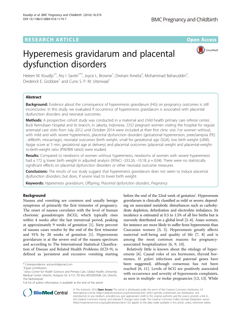Hyperemesis Gravidarum and Placental Dysfunction Disorders Heleen M