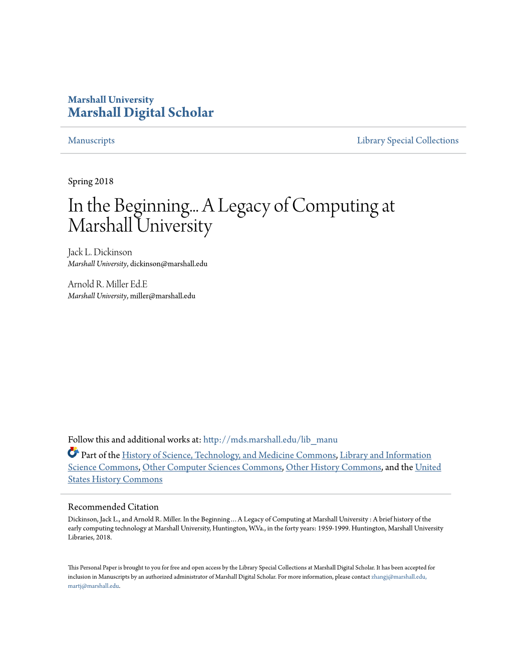 In the Beginning... a Legacy of Computing at Marshall University Jack L