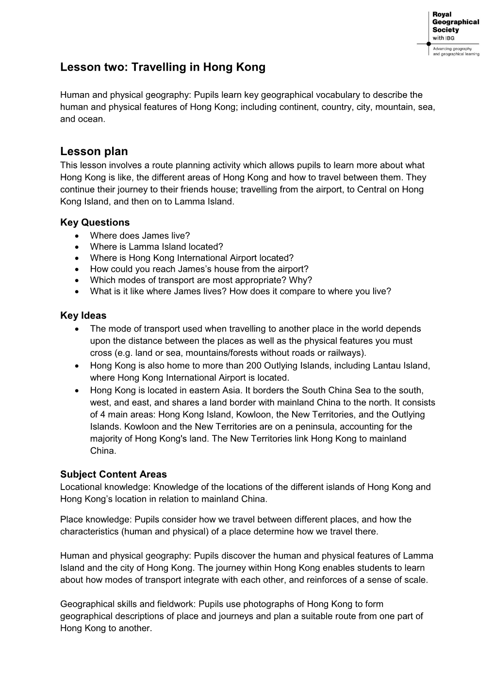 Travelling in Hong Kong Lesson Plan