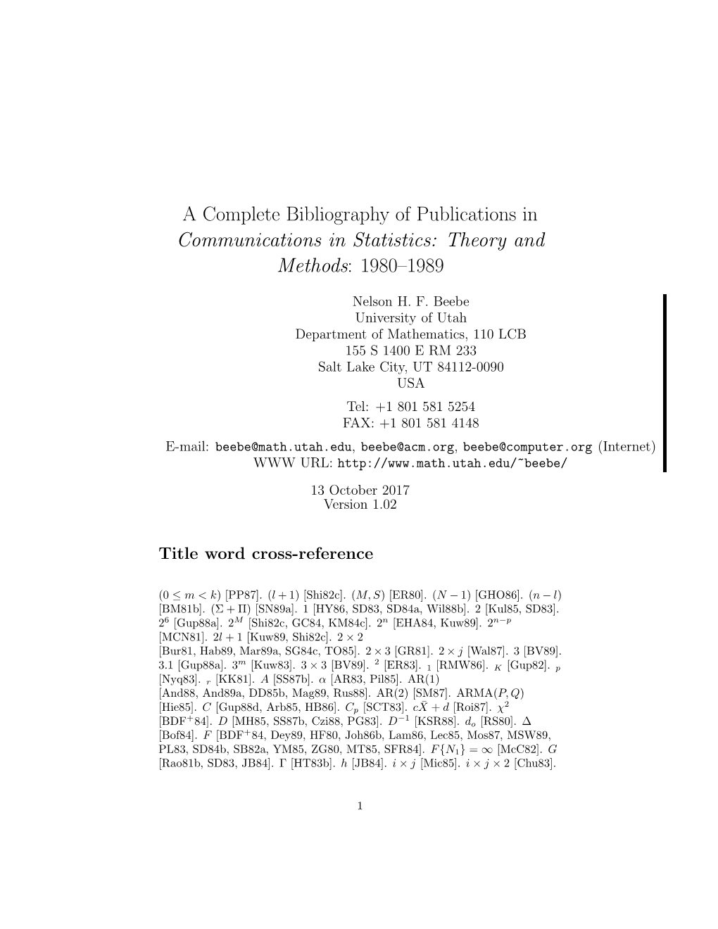 Communications in Statistics: Theory and Methods: 1980–1989