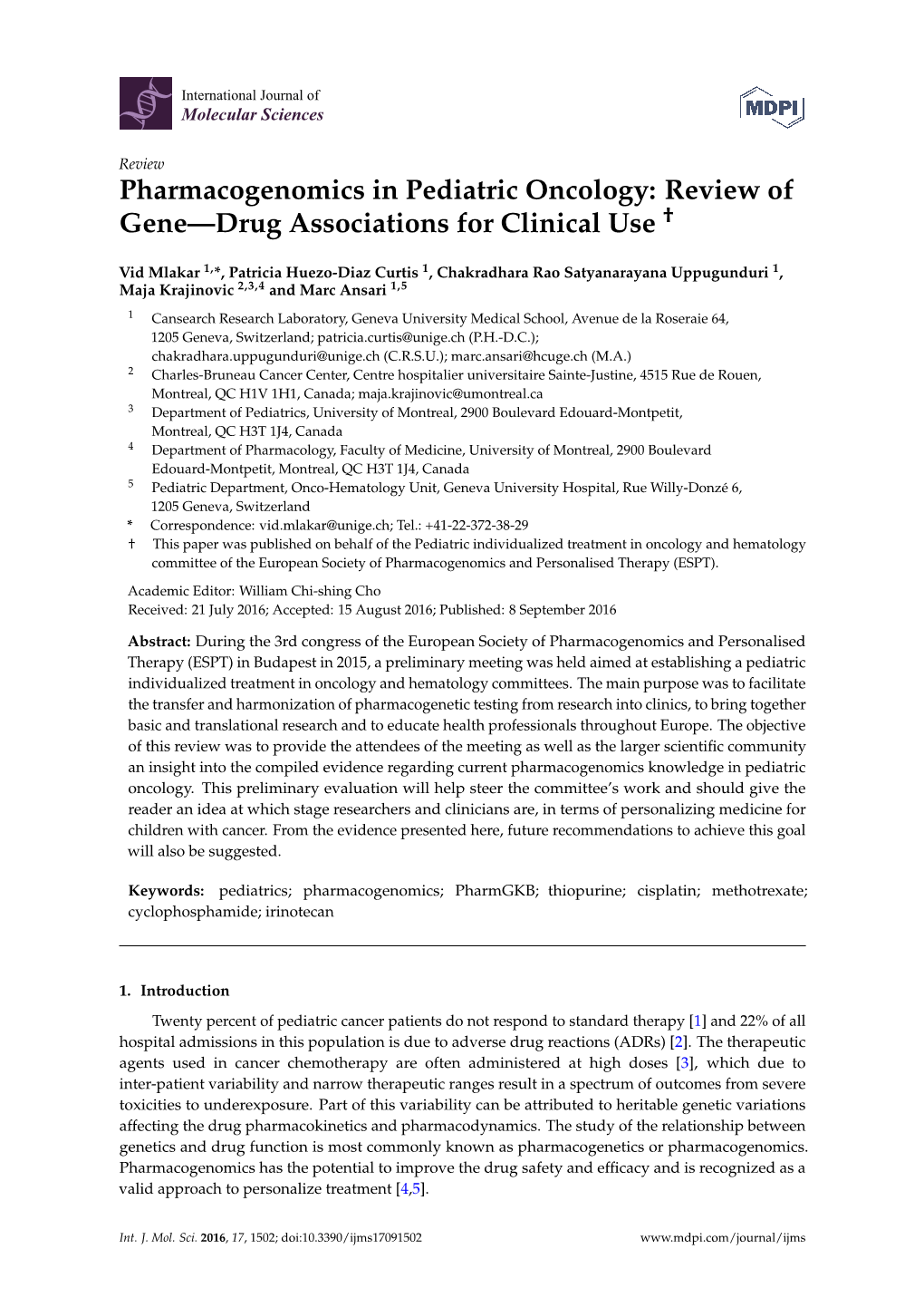 Pharmacogenomics in Pediatric Oncology: Review of Gene—Drug Associations for Clinical Use †