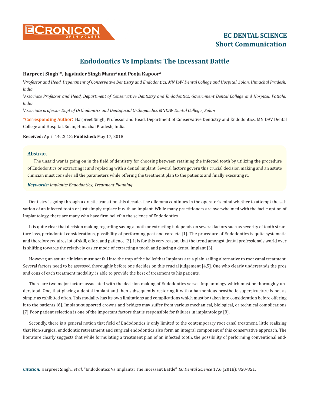 Cronicon OPEN ACCESS EC DENTAL SCIENCE Short Communication