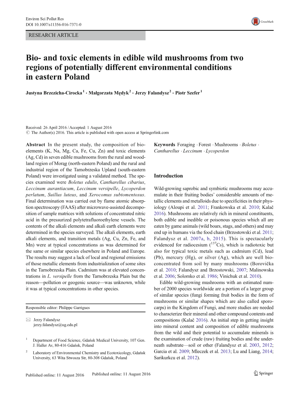 Bio- and Toxic Elements in Edible Wild Mushrooms from Two Regions of Potentially Different Environmental Conditions in Eastern Poland