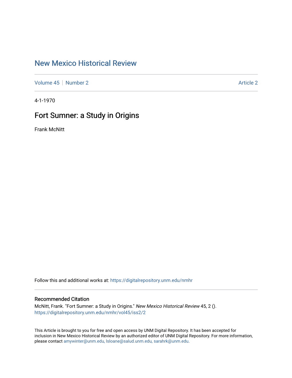 Fort Sumner: a Study in Origins