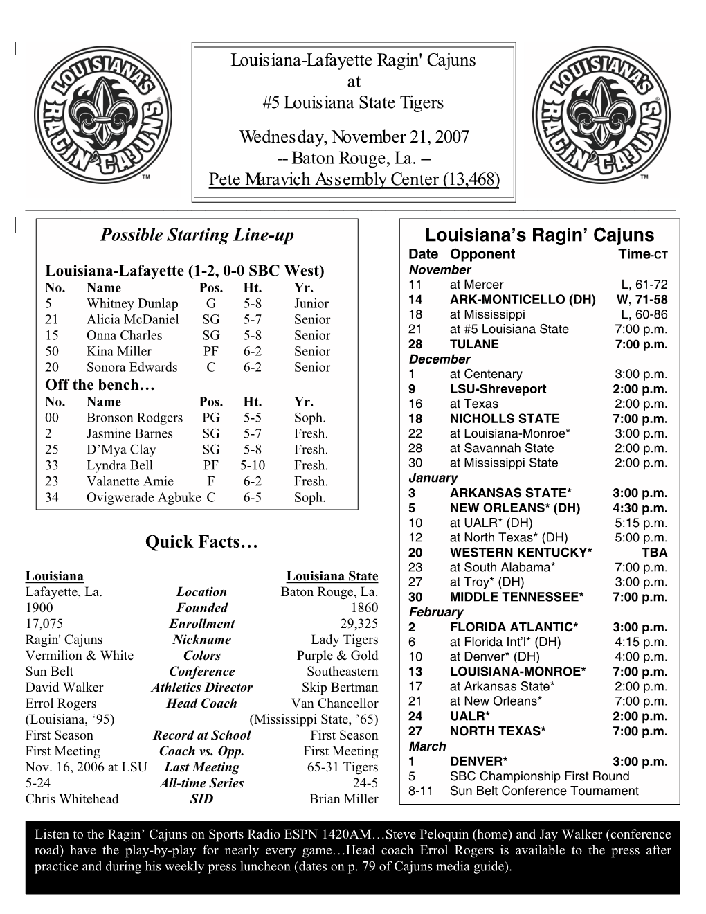 Quick Facts… Louisiana-Lafayette Ragin' Cajuns at #5 Louisiana State Tigers Wednesday, November 21, 2007 -- Baton Rouge, La.