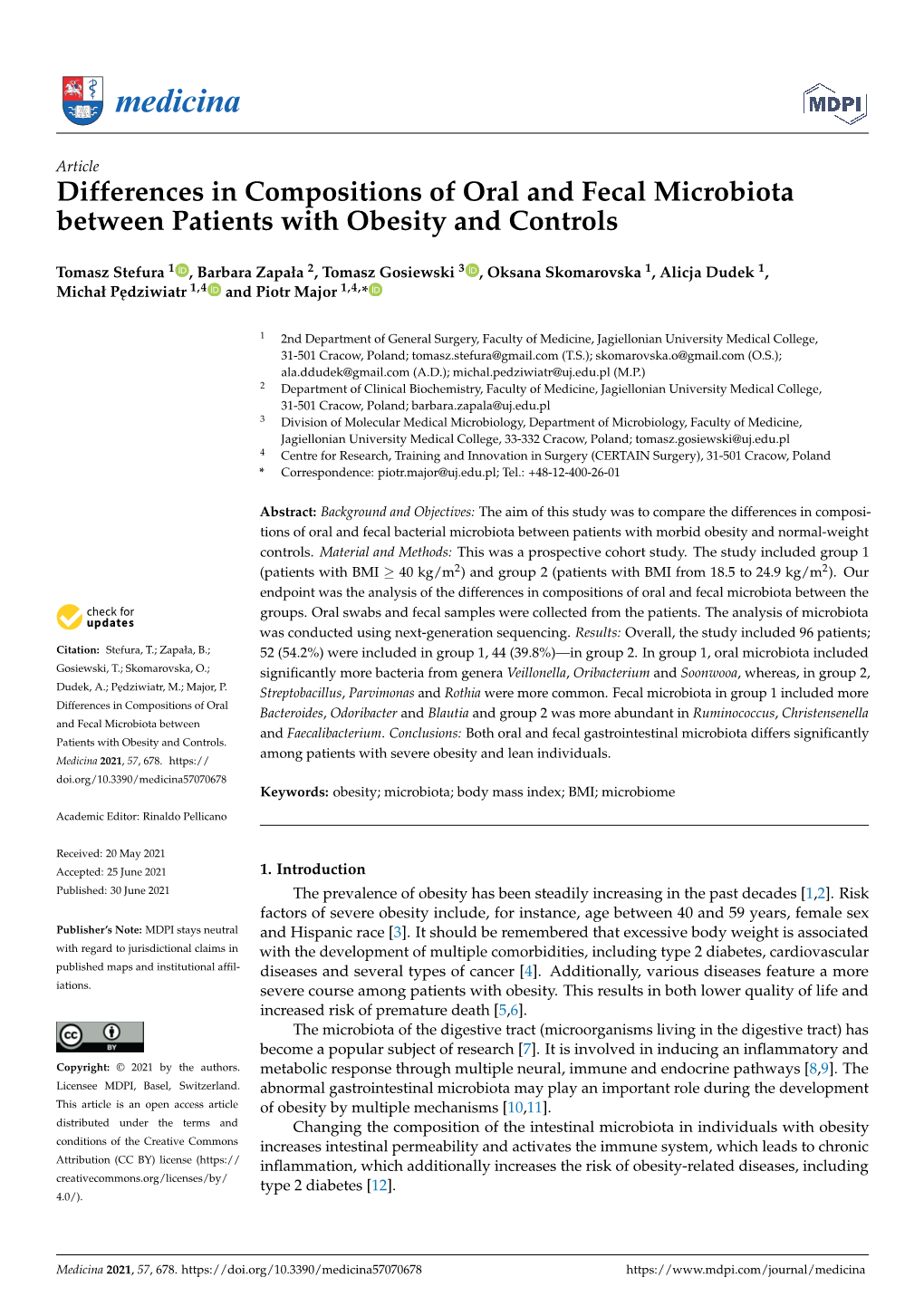 Differences in Compositions of Oral and Fecal Microbiota Between Patients with Obesity and Controls