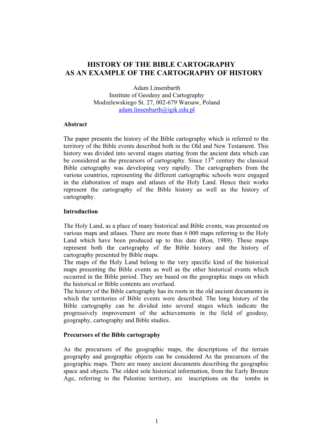 History of the Bible Cartography As an Example of the Cartography of History