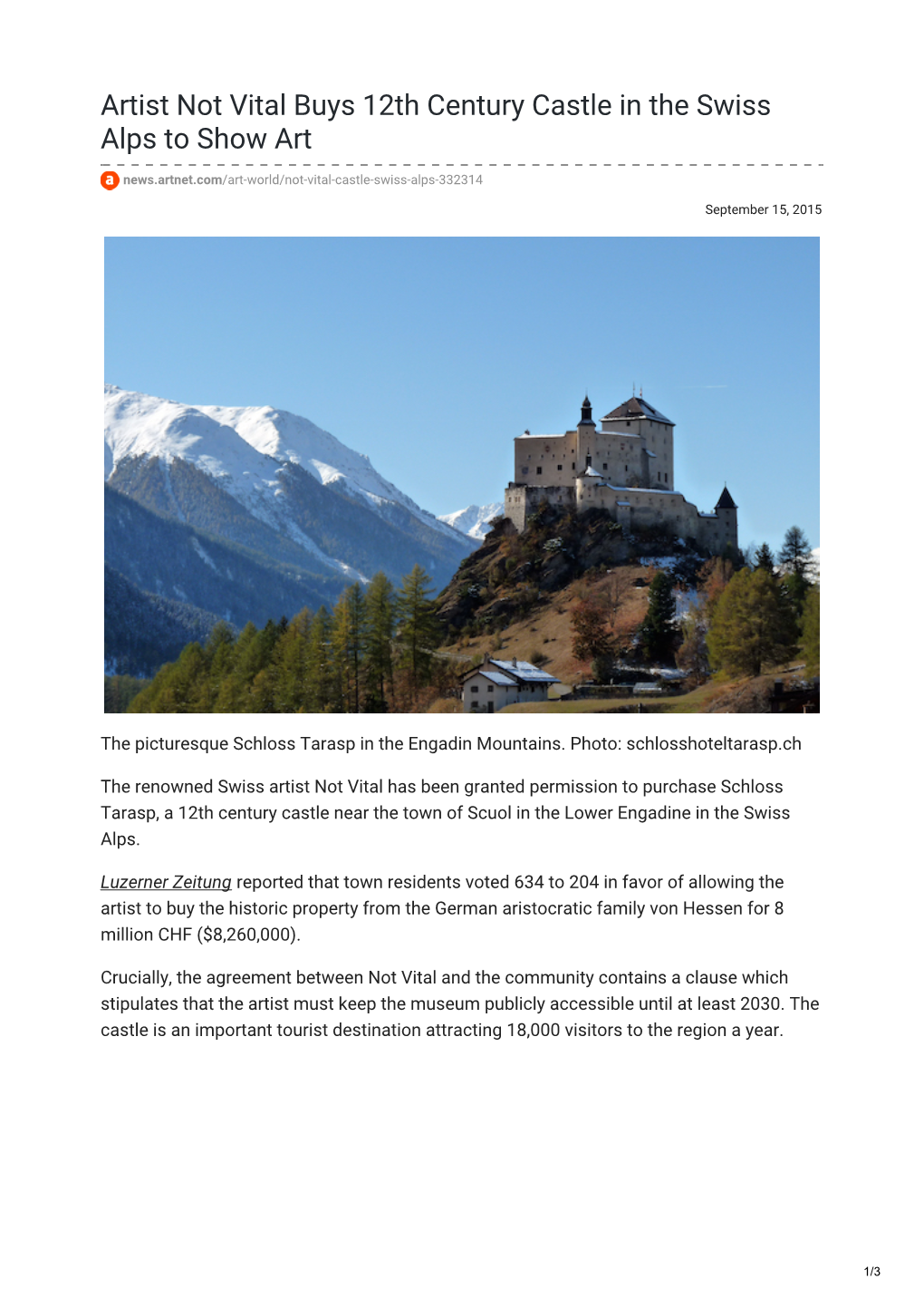 Artist Not Vital Buys 12Th Century Castle in the Swiss Alps to Show Art