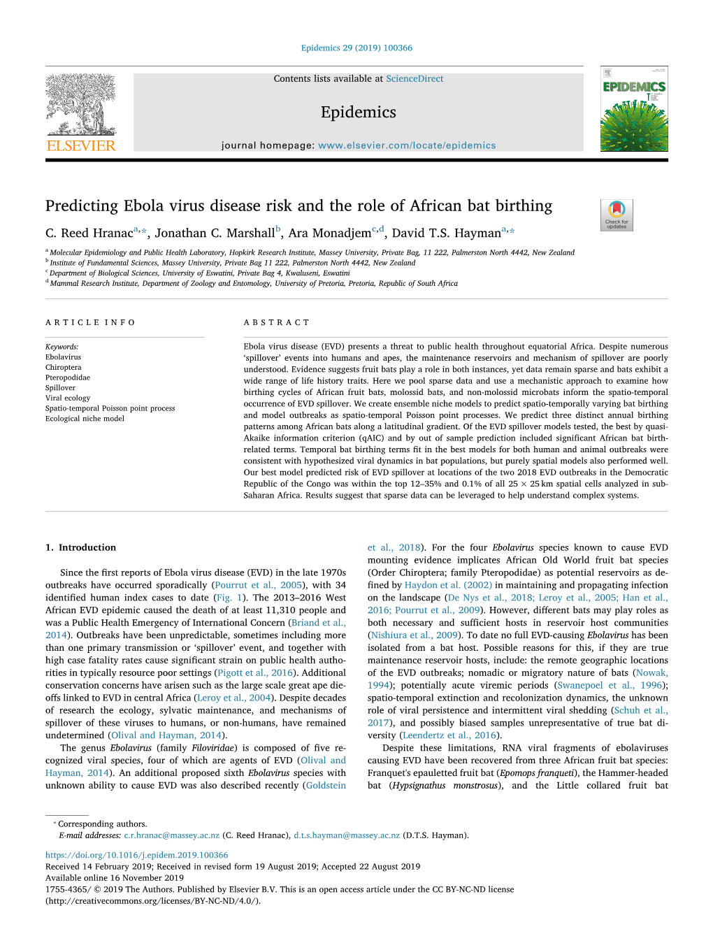 Predicting Ebola Virus Disease Risk and the Role of African Bat Birthing T C