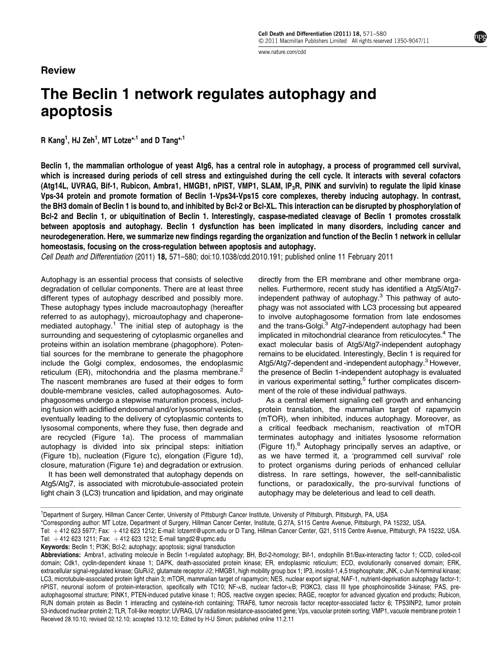 The Beclin 1 Network Regulates Autophagy and Apoptosis