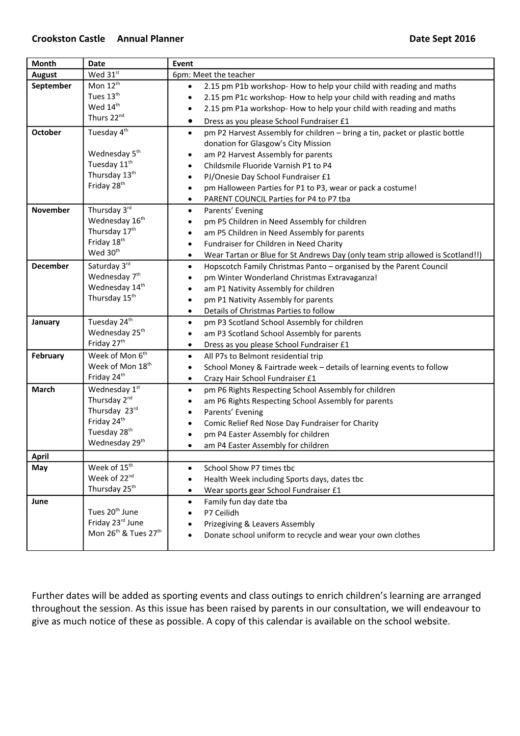 Crookston Castle Annual Planner Date Sept 2016