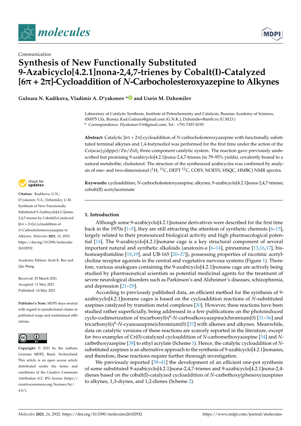 Synthesis of New Functionally Substituted 9-Azabicyclo[4.2.1]