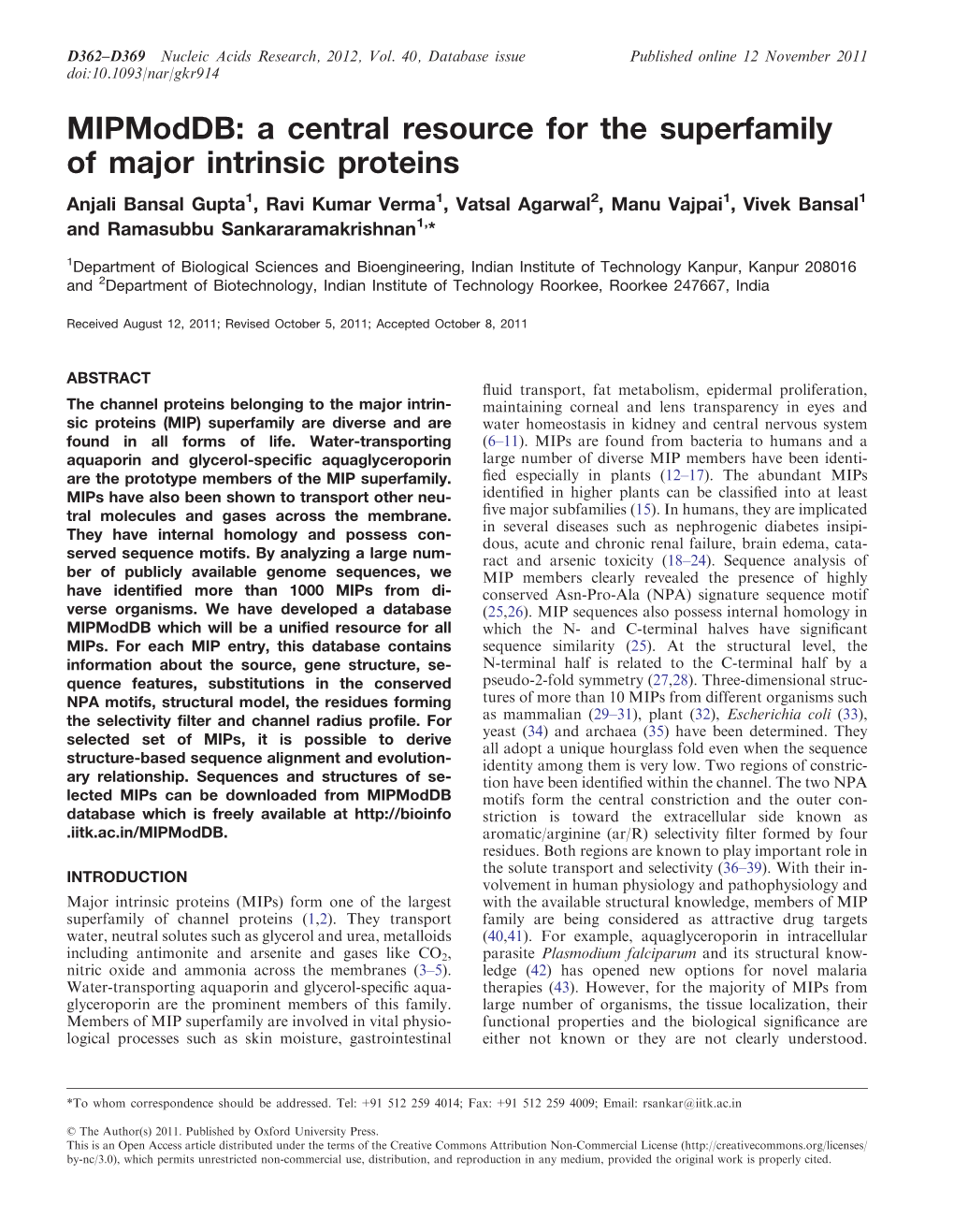 Mipmoddb: a Central Resource for the Superfamily of Major Intrinsic Proteins