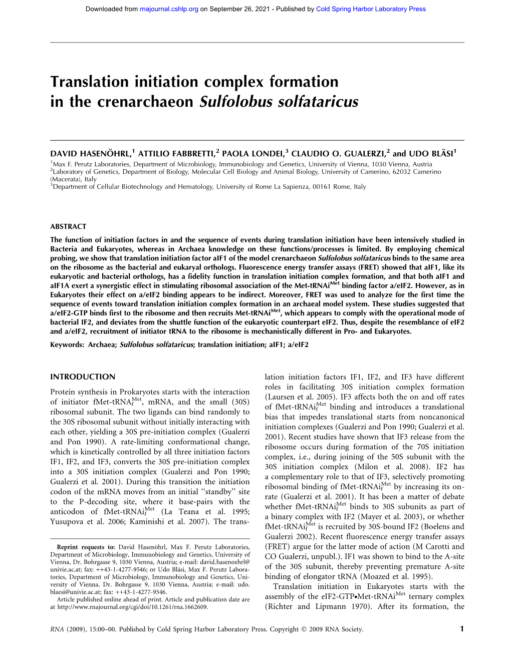 Translation Initiation Complex Formation in the Crenarchaeon Sulfolobus Solfataricus