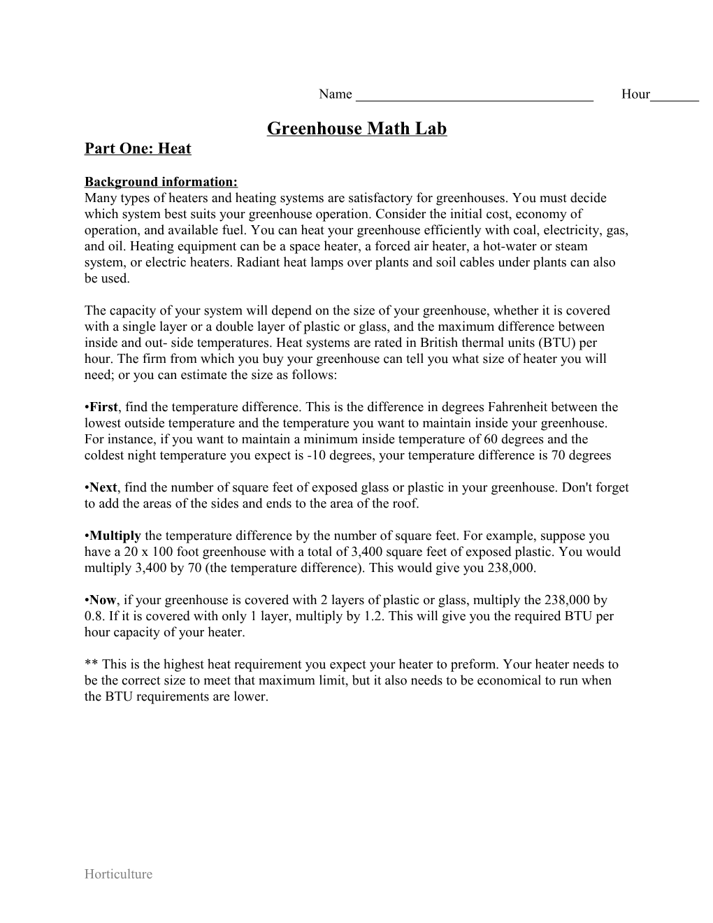 Calculating Heat Needed for the Greenhouse Lab