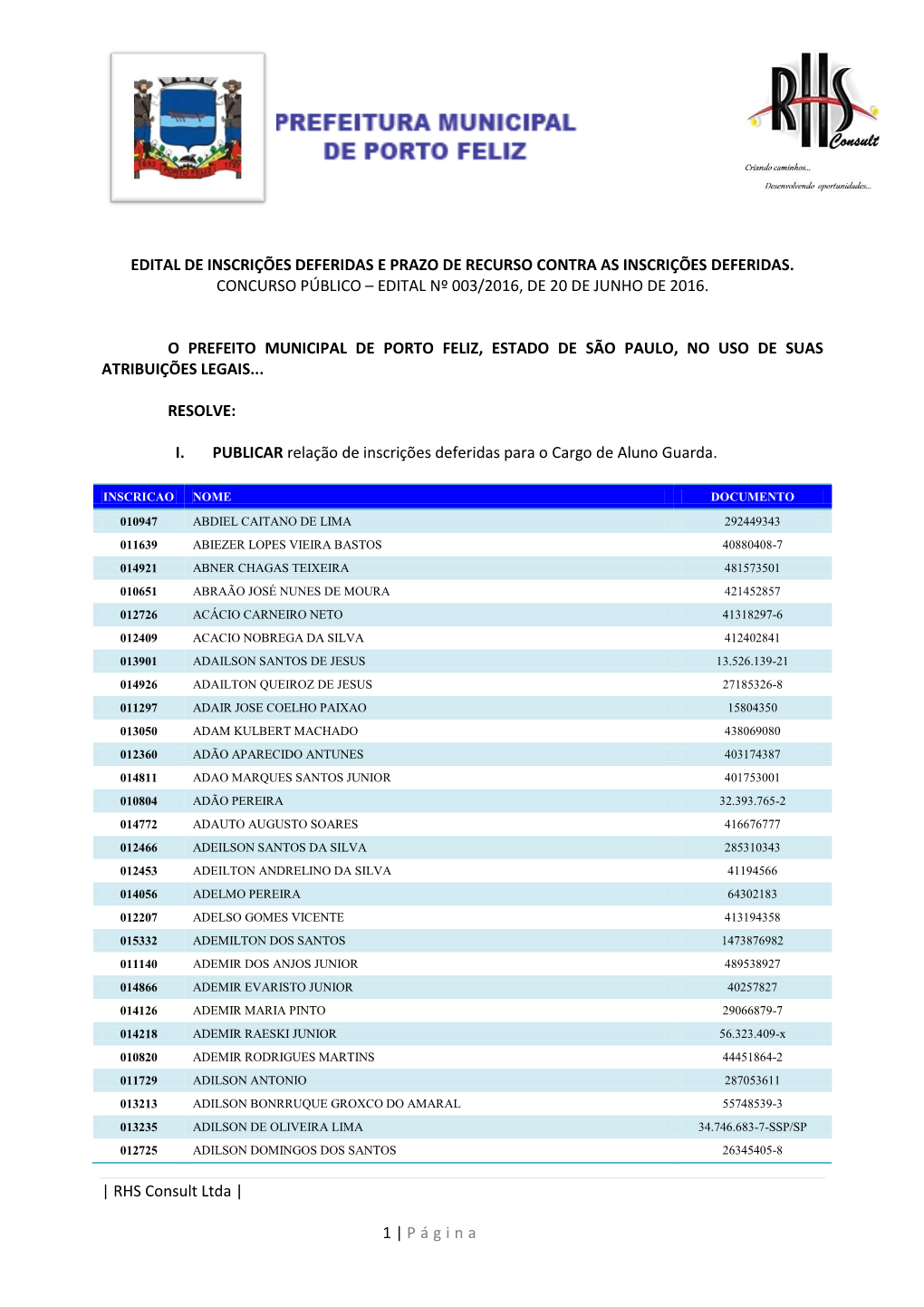 | RHS Consult Ltda | 1 | Página EDITAL DE INSCRIÇÕES DEFERIDAS E PRAZO DE RECURSO CONTRA AS INSCRIÇÕES DEFERIDAS. CONCURSO