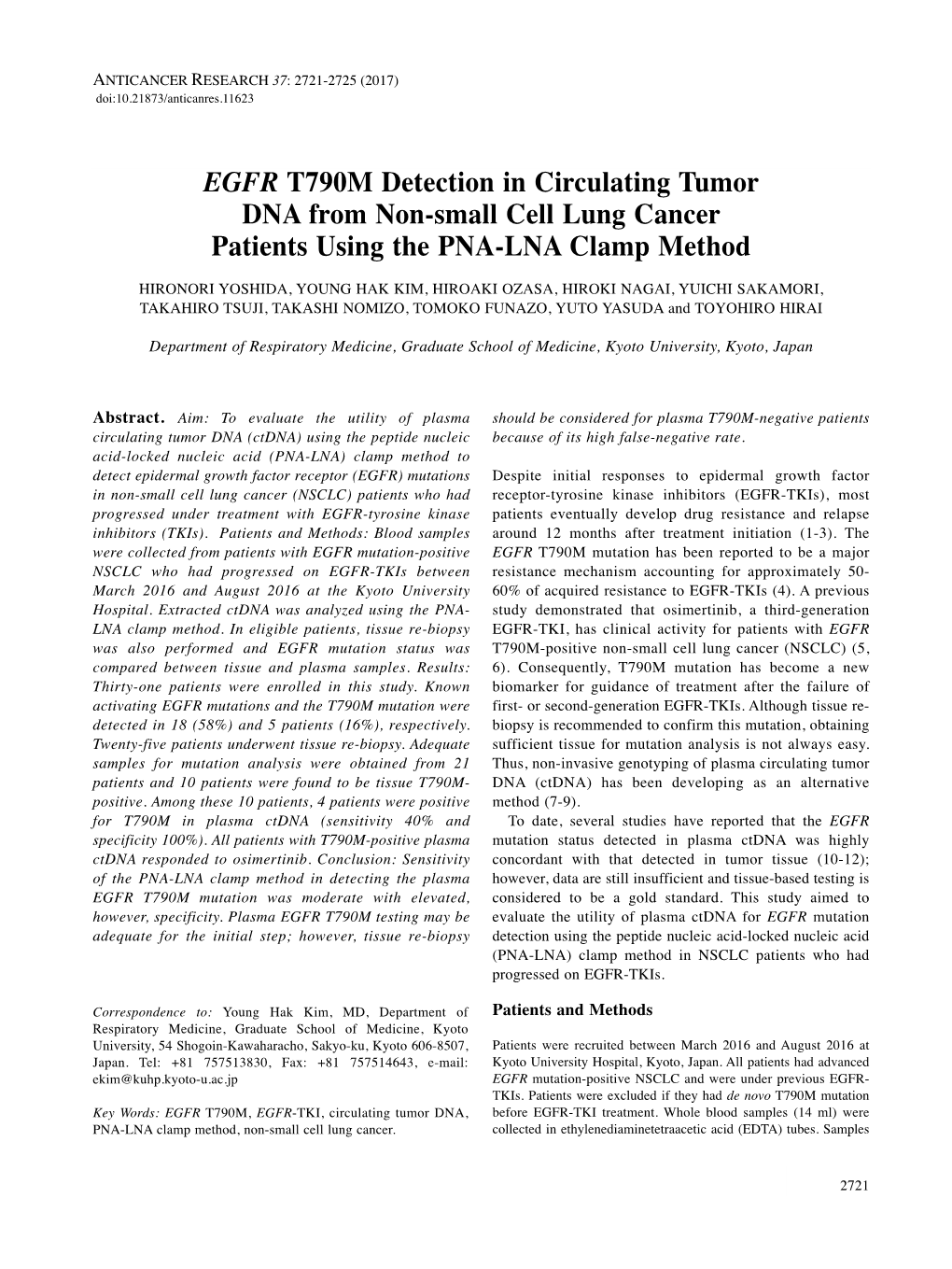 EGFR T790M Detection in Circulating Tumor DNA from Non-Small Cell