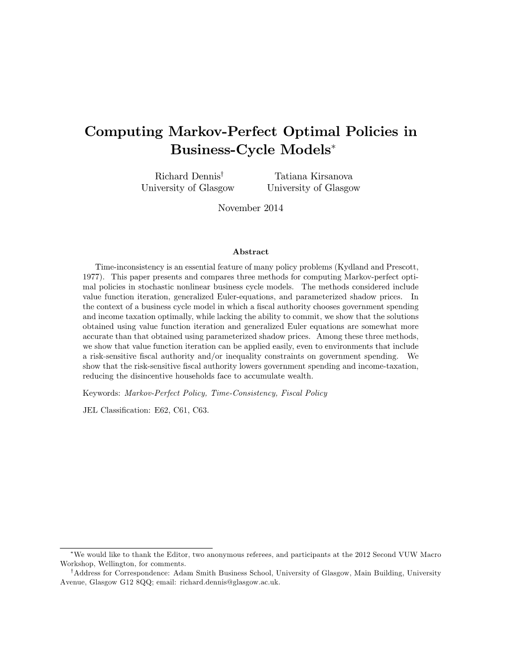 Computing Markov!Perfect Optimal Policies in Business!