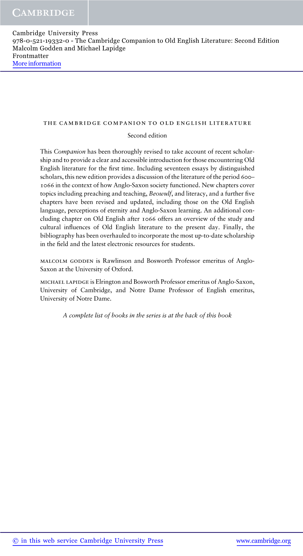 The Cambridge Companion to Old English Literature: Second Edition Malcolm Godden and Michael Lapidge Frontmatter More Information