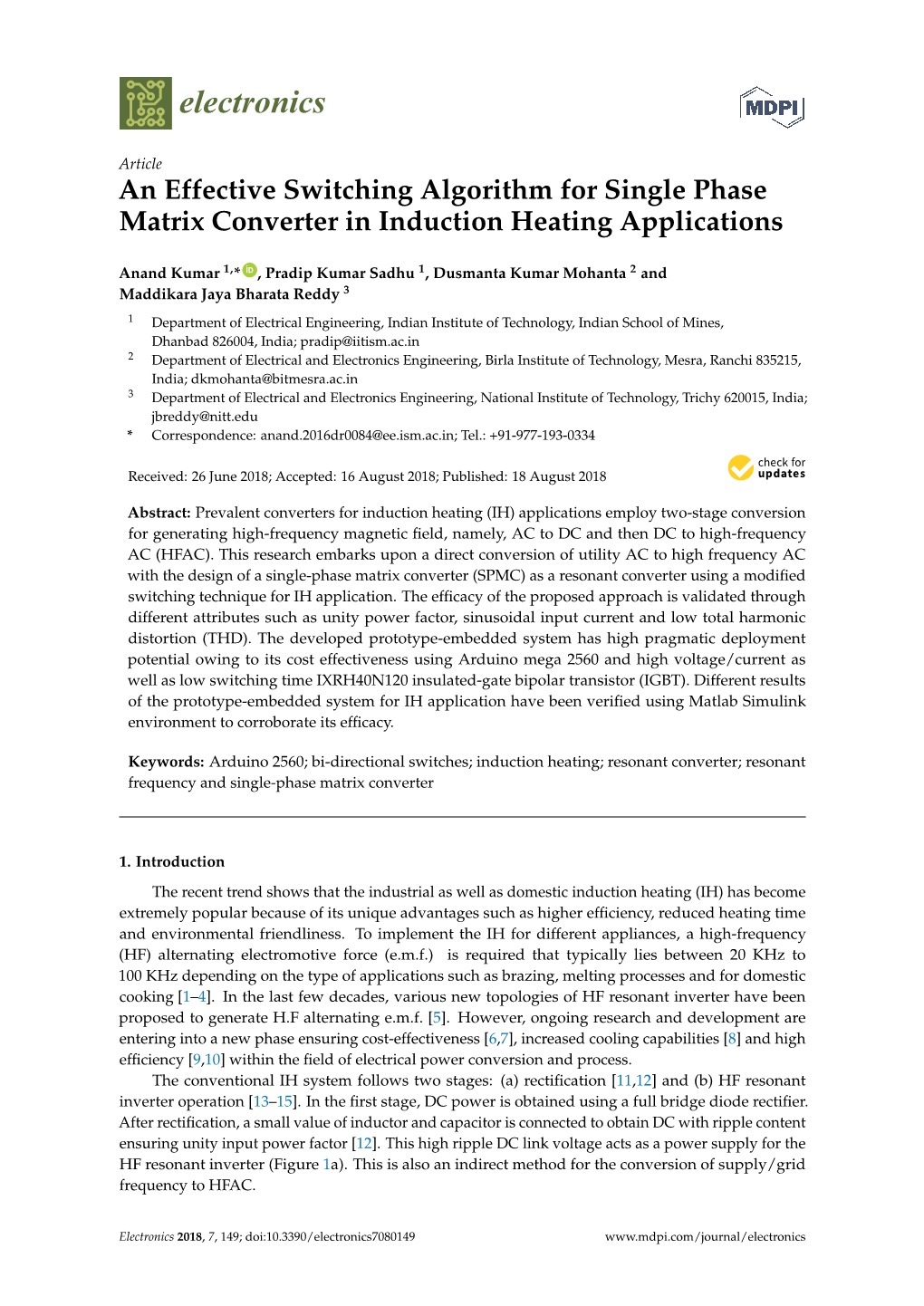 An Effective Switching Algorithm for Single Phase Matrix Converter in Induction Heating Applications