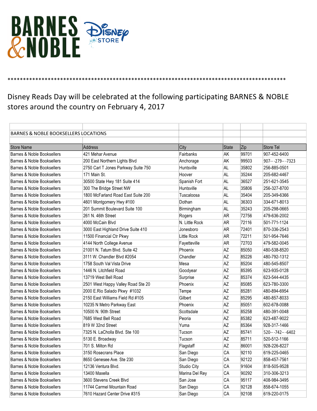 Disney Reads Day Will Be Celebrated at the Following Participating BARNES & NOBLE Stores Around the Country on February 4, 2017