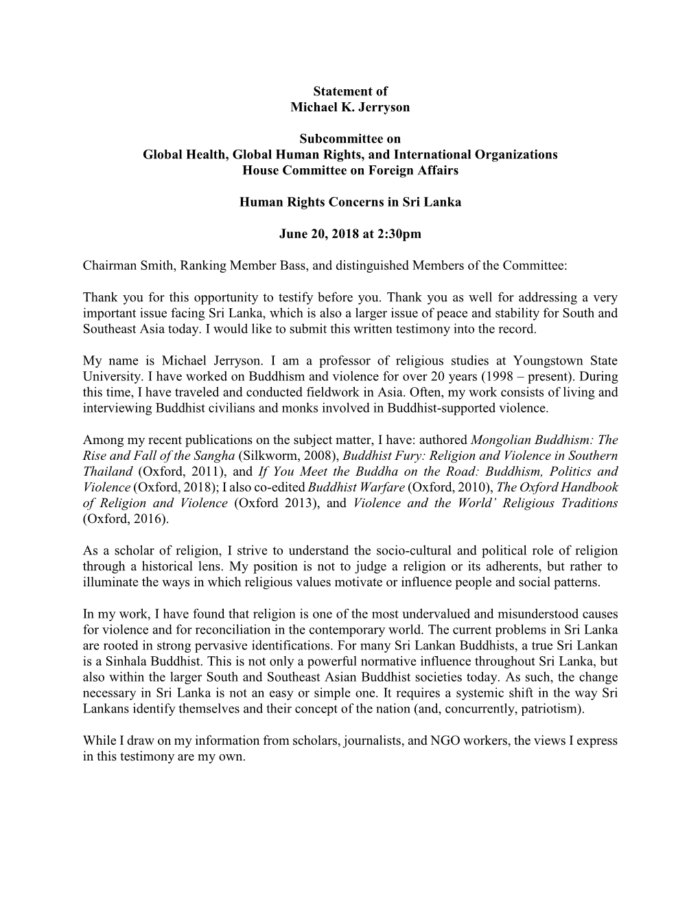 Statement of Michael K. Jerryson Subcommittee on Global Health