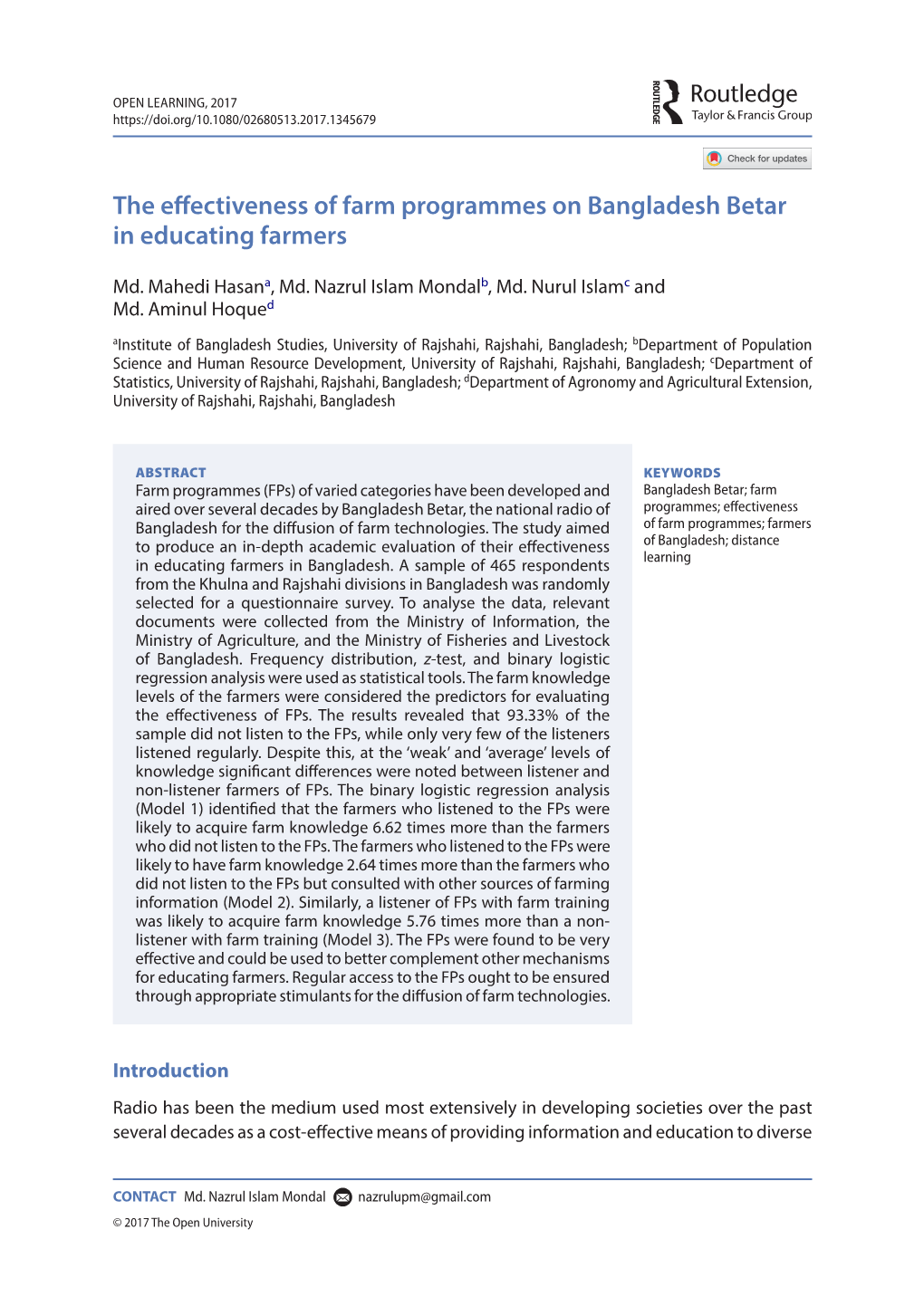 The Effectiveness of Farm Programmes on Bangladesh Betar in Educating Farmers