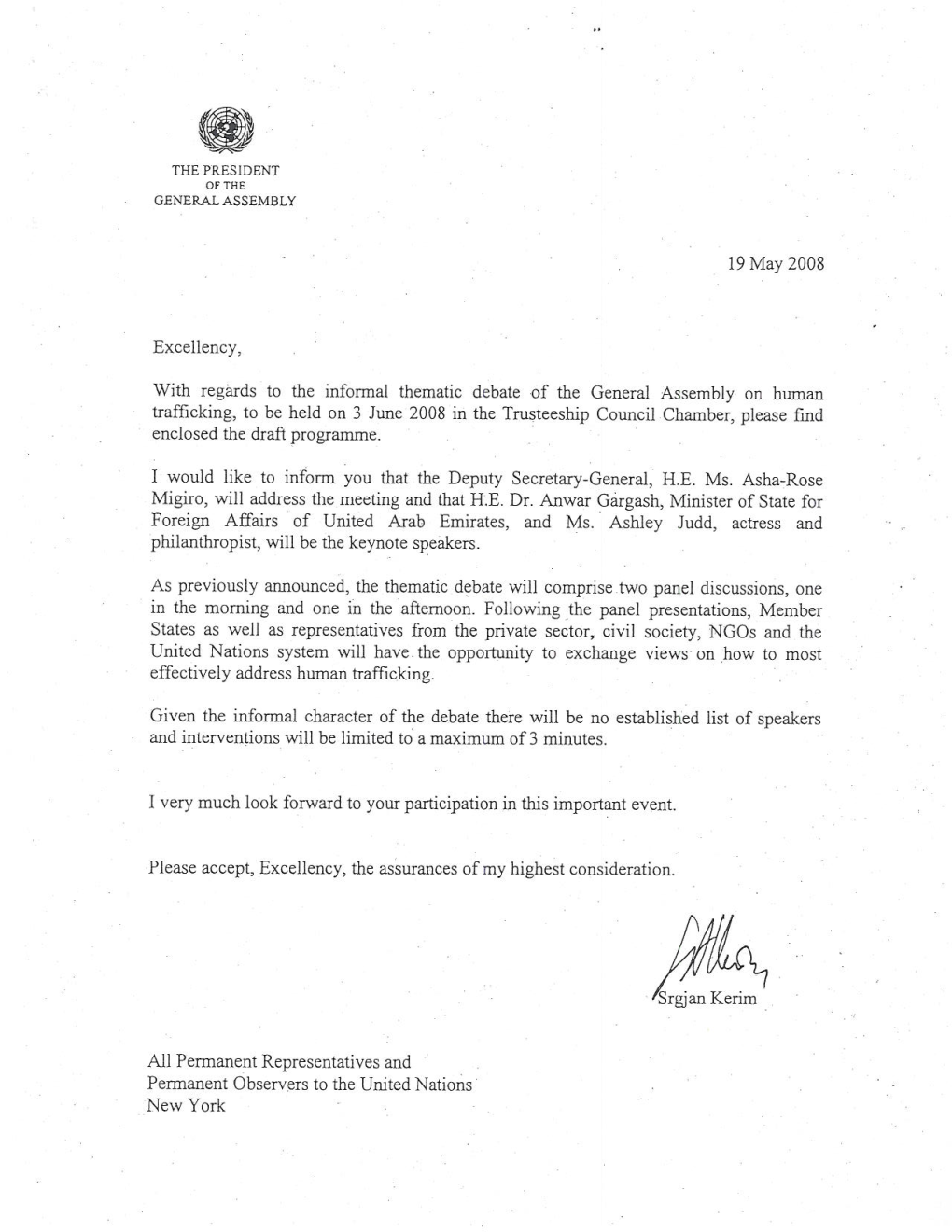 Letter Regarding the Thematic Debate on Human