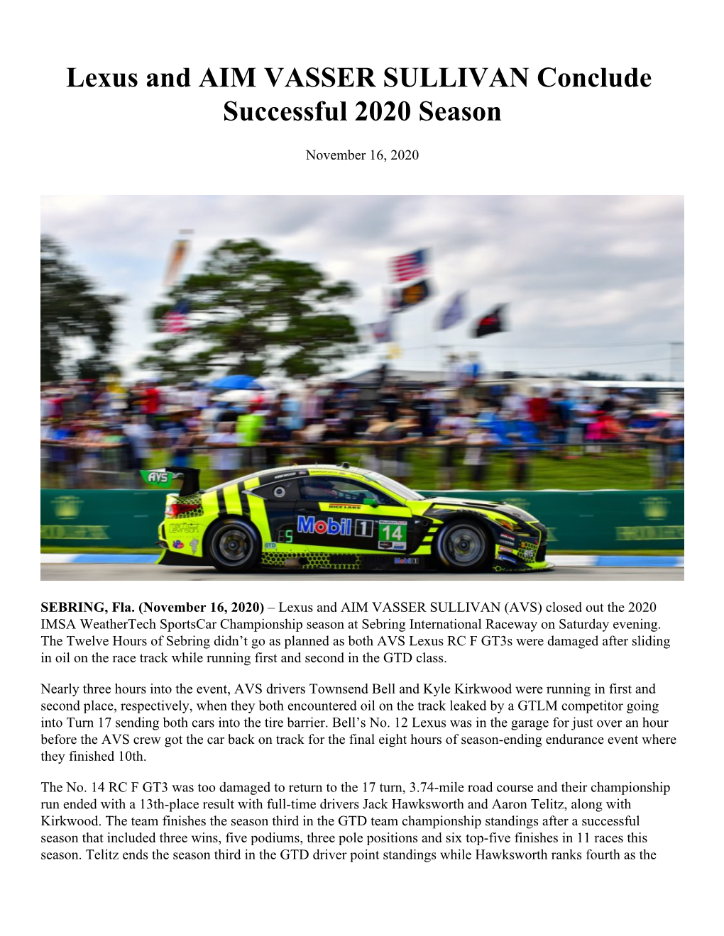 Lexus and AIM VASSER SULLIVAN Conclude Successful 2020 Season