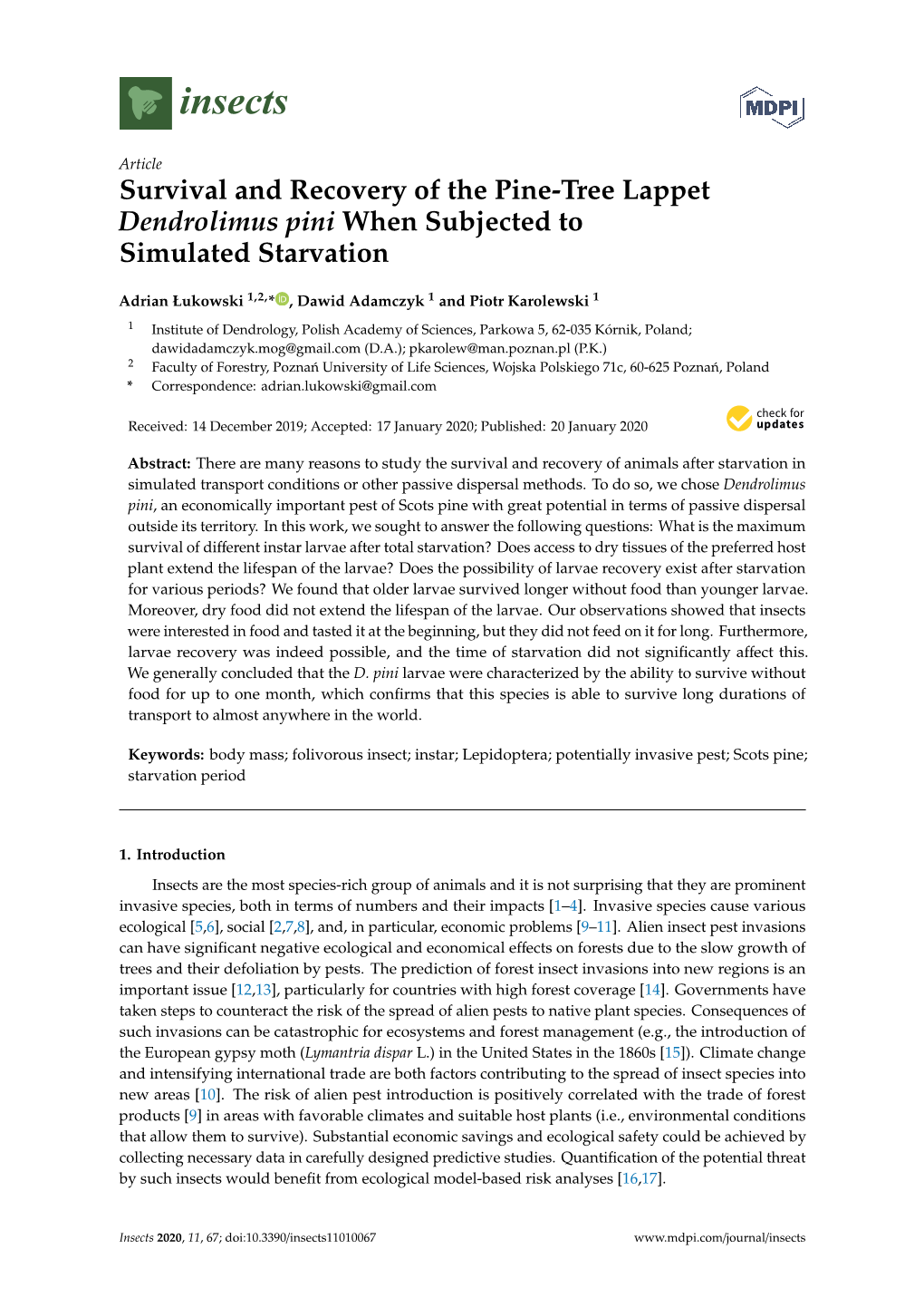 Survival and Recovery of the Pine-Tree Lappet Dendrolimus Pini When Subjected to Simulated Starvation