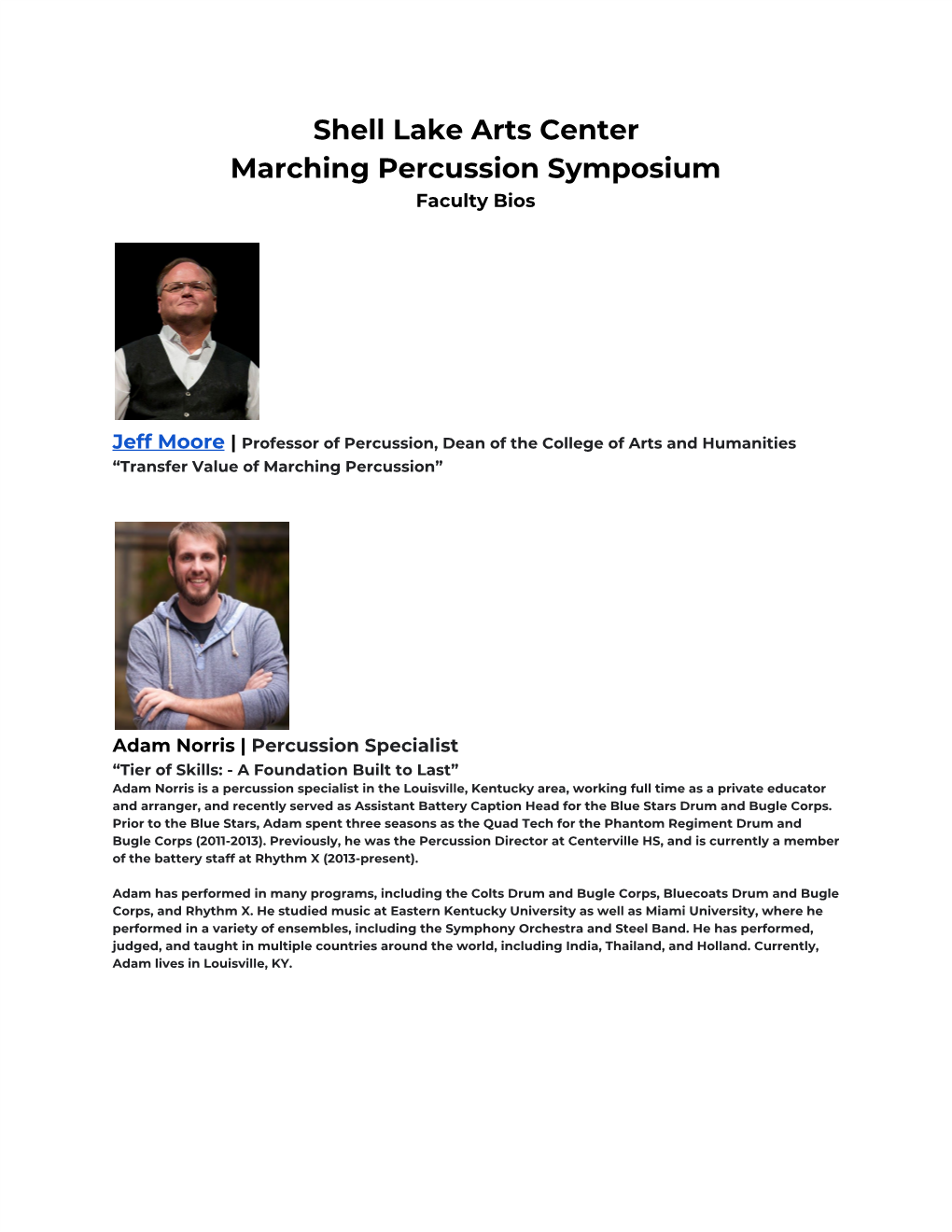 Shell Lake Arts Center Marching Percussion Symposium Faculty Bios