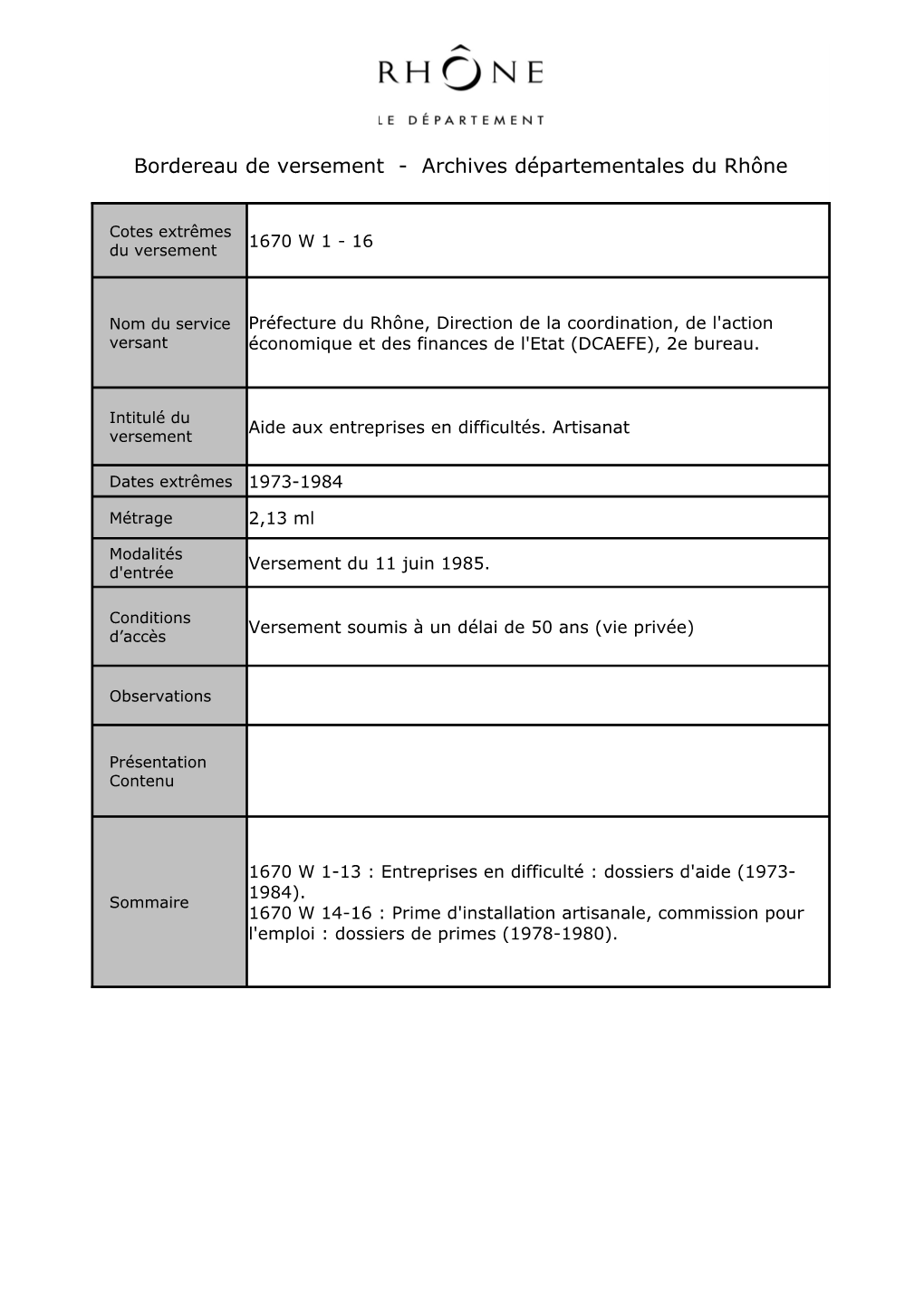 Bordereau De Versement - Archives Départementales Du Rhône