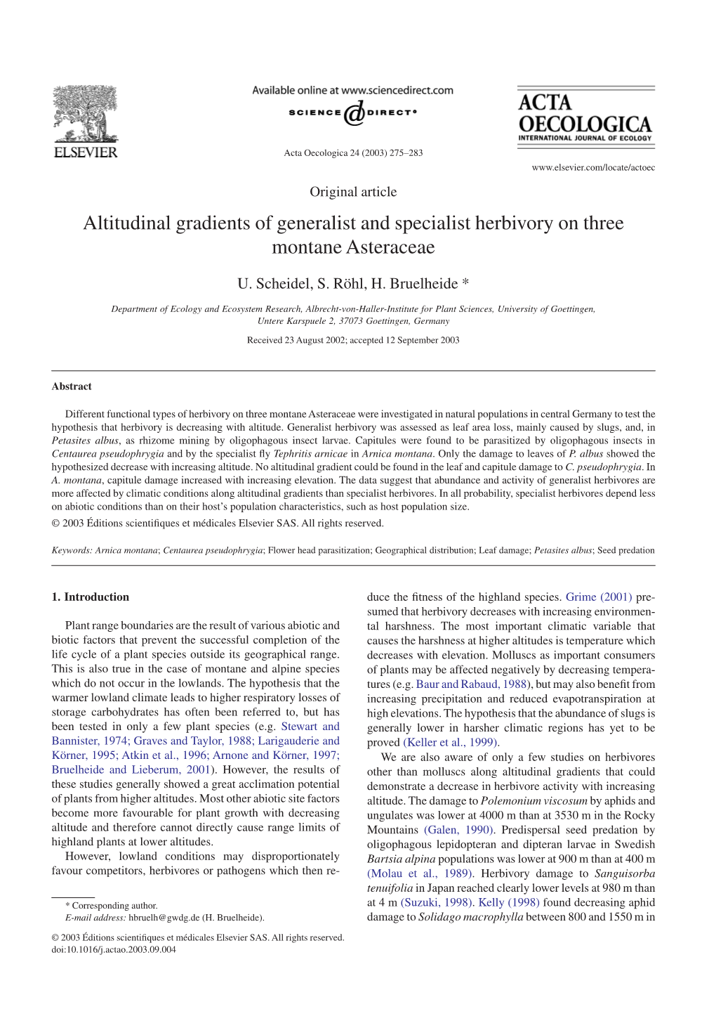 Altitudinal Gradients of Generalist and Specialist Herbivory on Three Montane Asteraceae