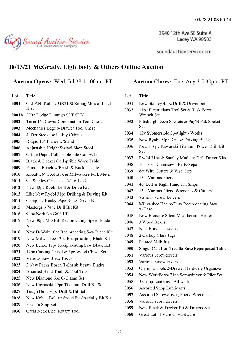 08/13/21 Mcgrady, Lightbody & Others Online Auction