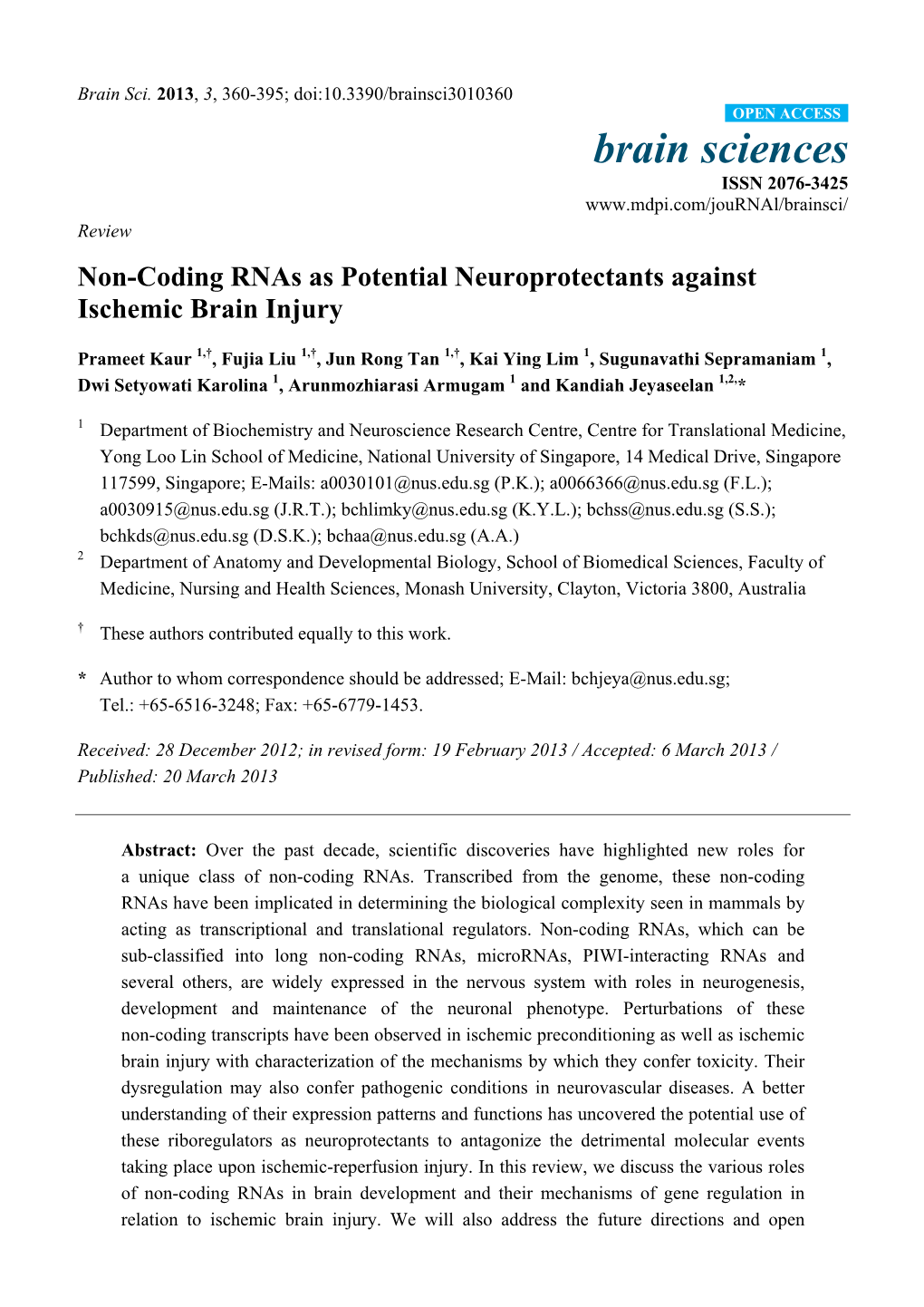 Non-Coding Rnas As Potential Neuroprotectants Against Ischemic Brain Injury