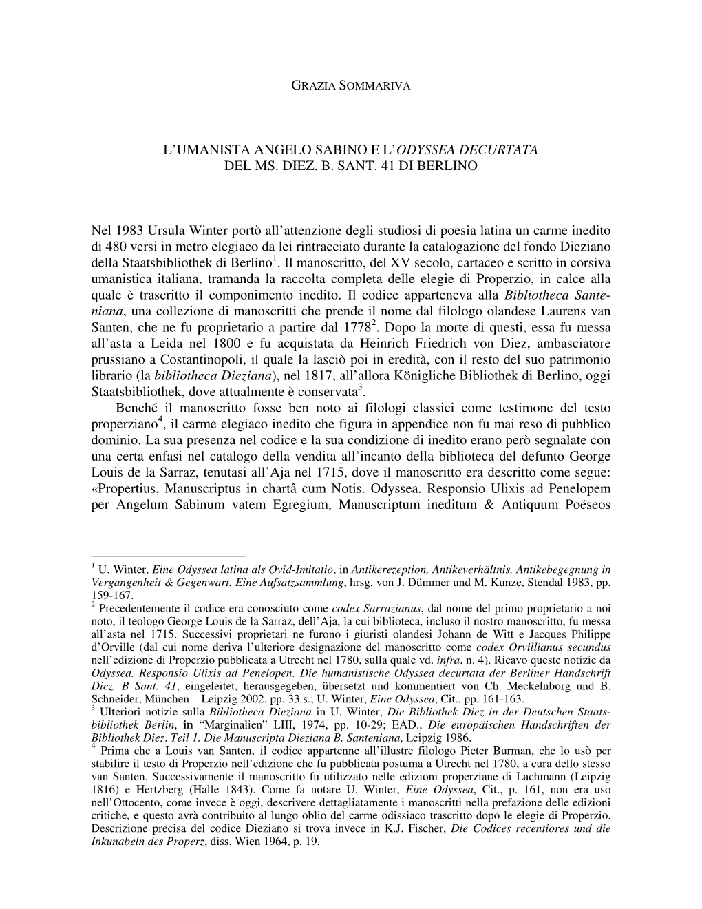 L'umanista Angelo Sabino E L'odyssea Decurtata Del Ms