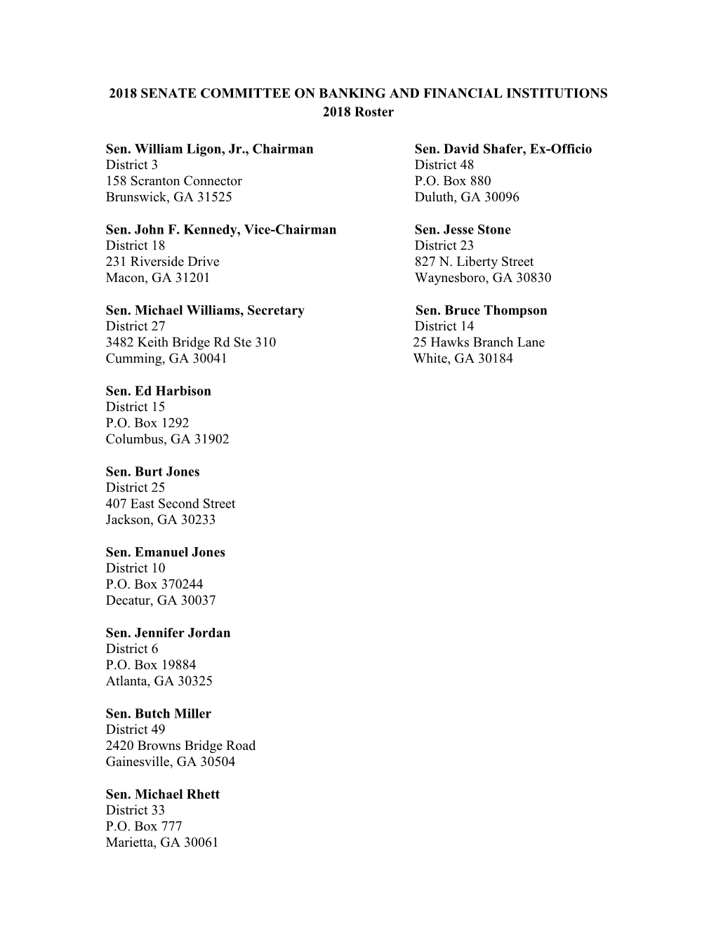 2018 SENATE COMMITTEE on BANKING and FINANCIAL INSTITUTIONS 2018 Roster