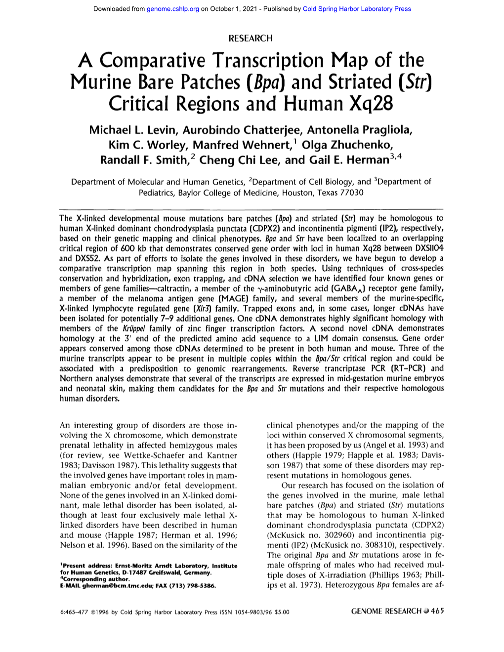 A Comparative Transcription Map of the Murine Bare Patches (Bpa) and Striated (Str) Critical Regions and Human Xq28 Michael L