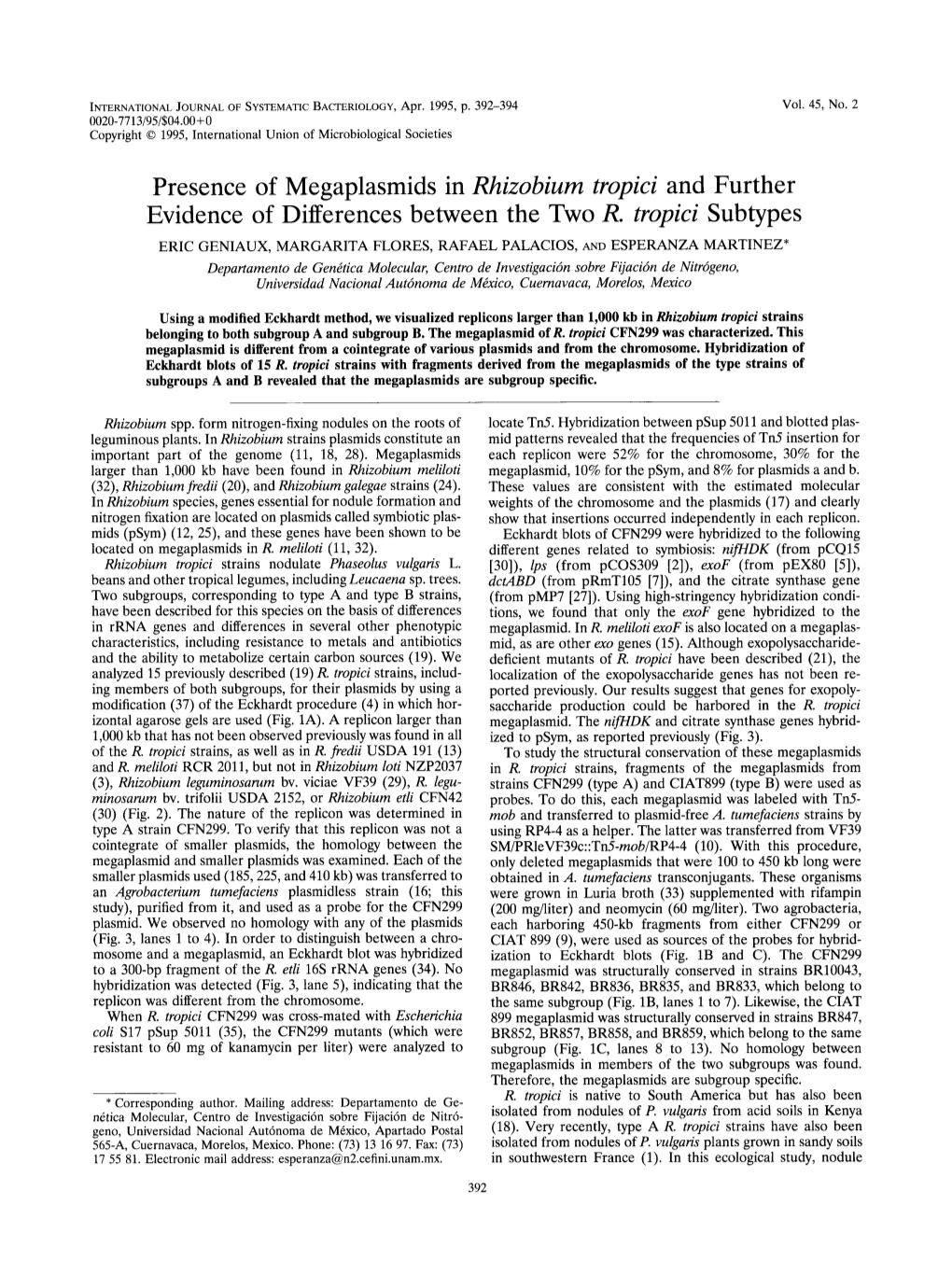 Presence of Megaplasmids in Rhizobium Tropici and Further Evidence of Differences Between the Two R