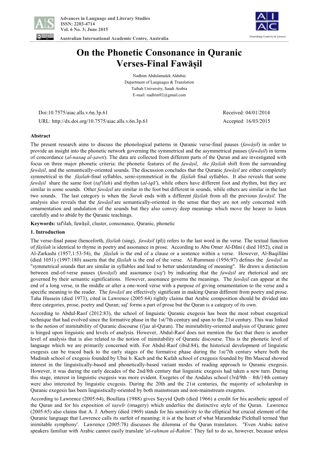 On the Phonetic Consonance in Quranic Verses-Final Fawāṣil