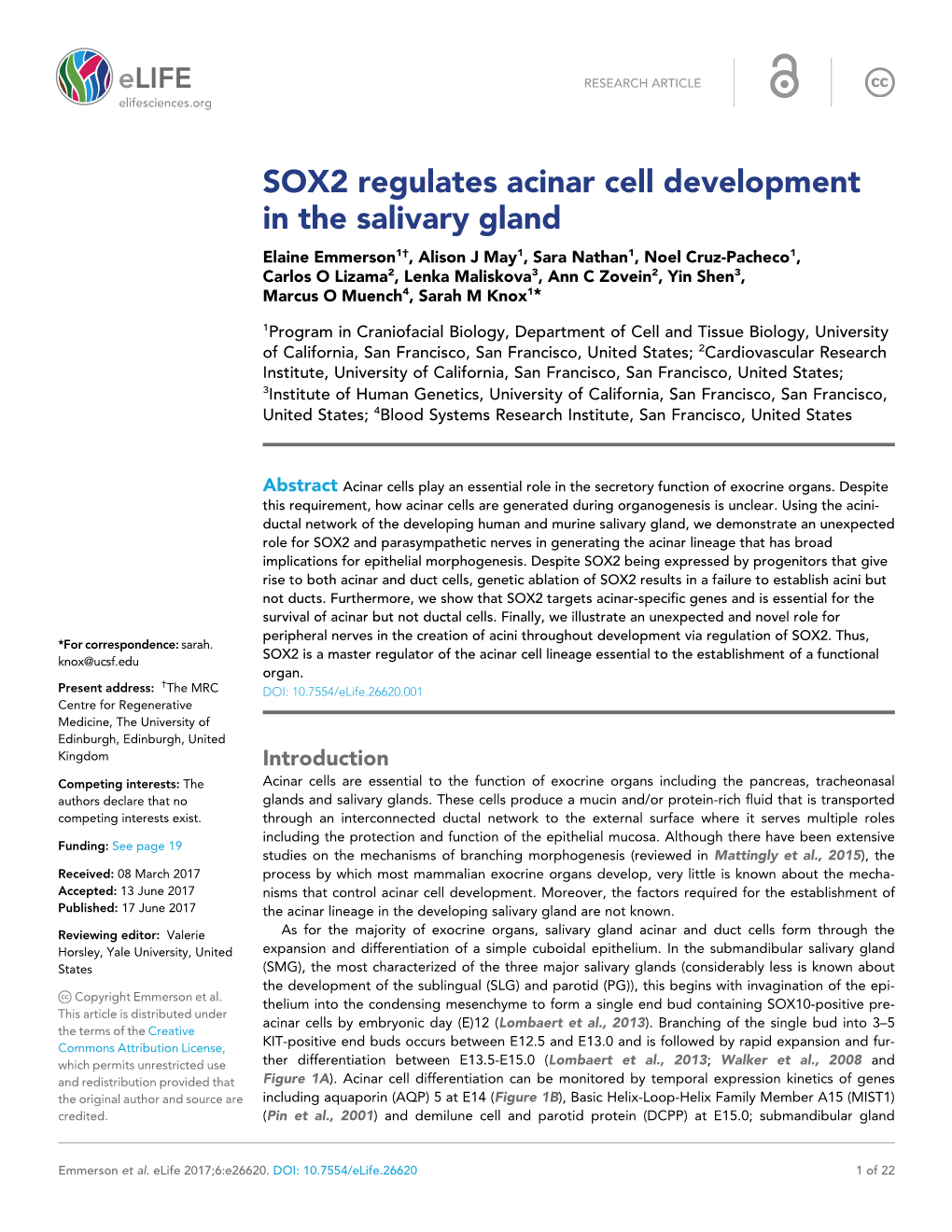 SOX2 Regulates Acinar Cell Development in the Salivary Gland