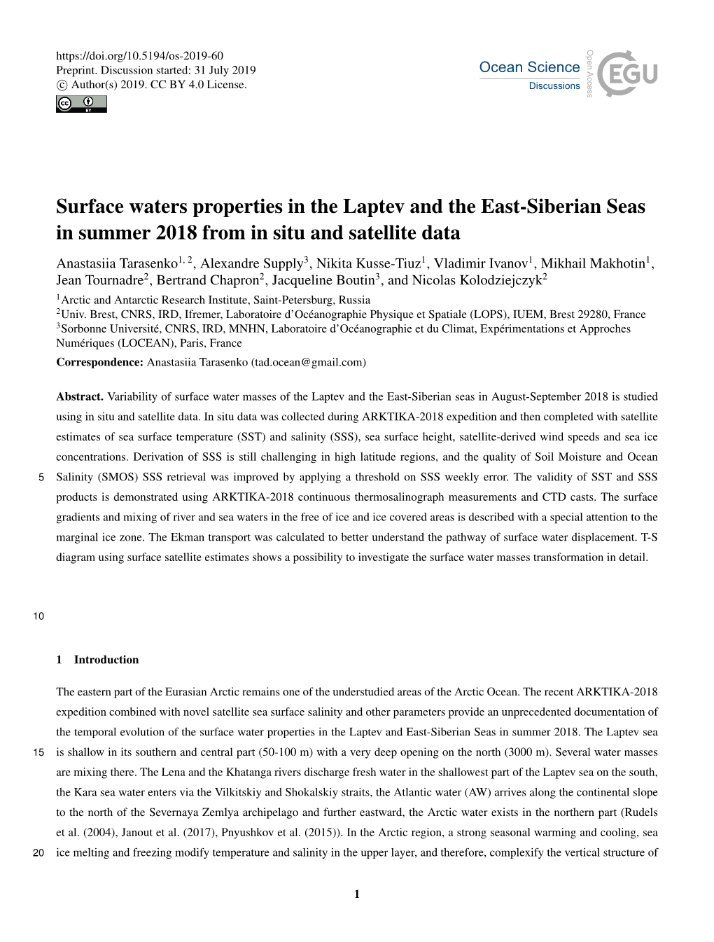 Surface Waters Properties in the Laptev and the East-Siberian Seas