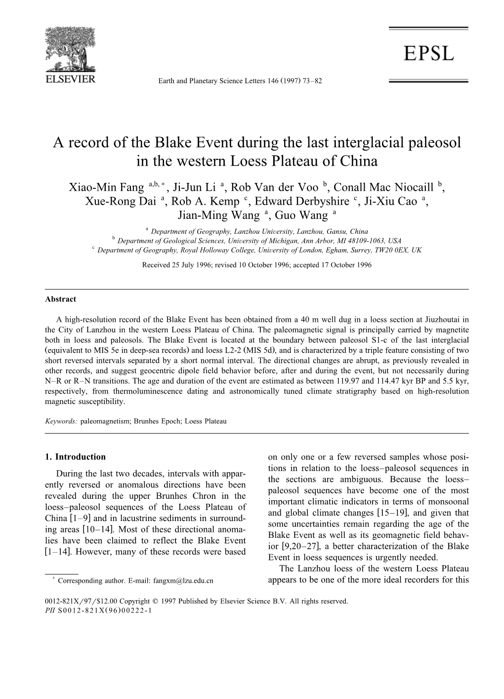A Record of the Blake Event During the Last Interglacial Paleosol in the Western Loess Plateau of China